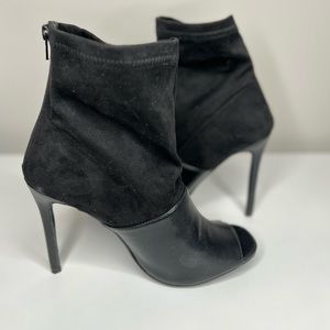 Black Open Toe Leather and Suede Ankle Zip Booties